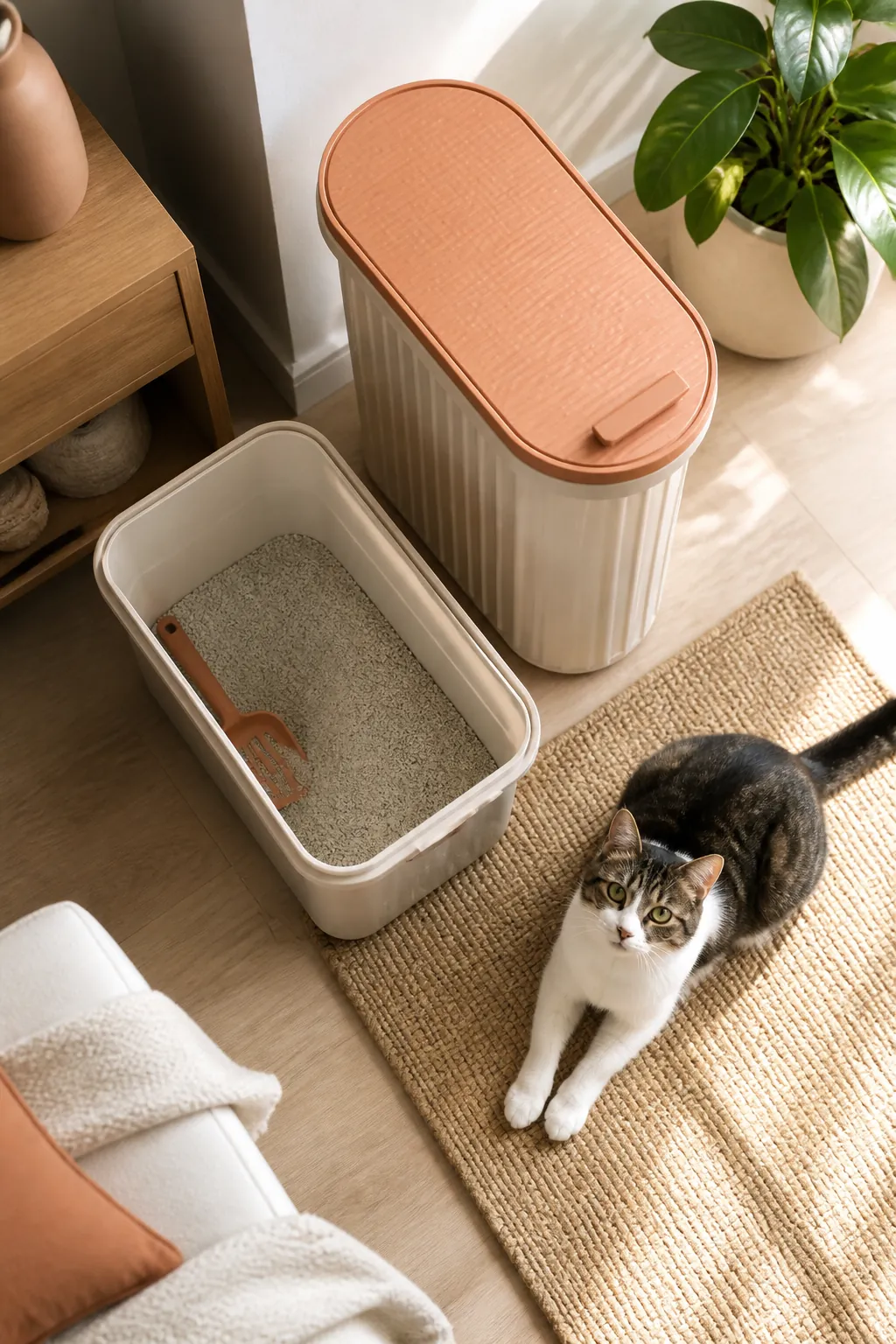 Collapsible litter storage container with a rolling lid beside a litter box