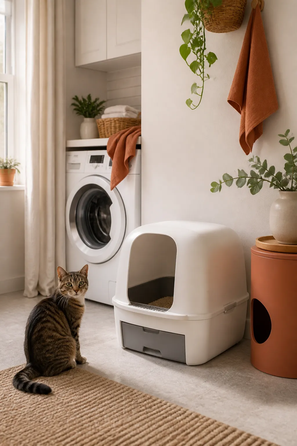 Litter station standing on sealed vinyl flooring in a small laundry nook