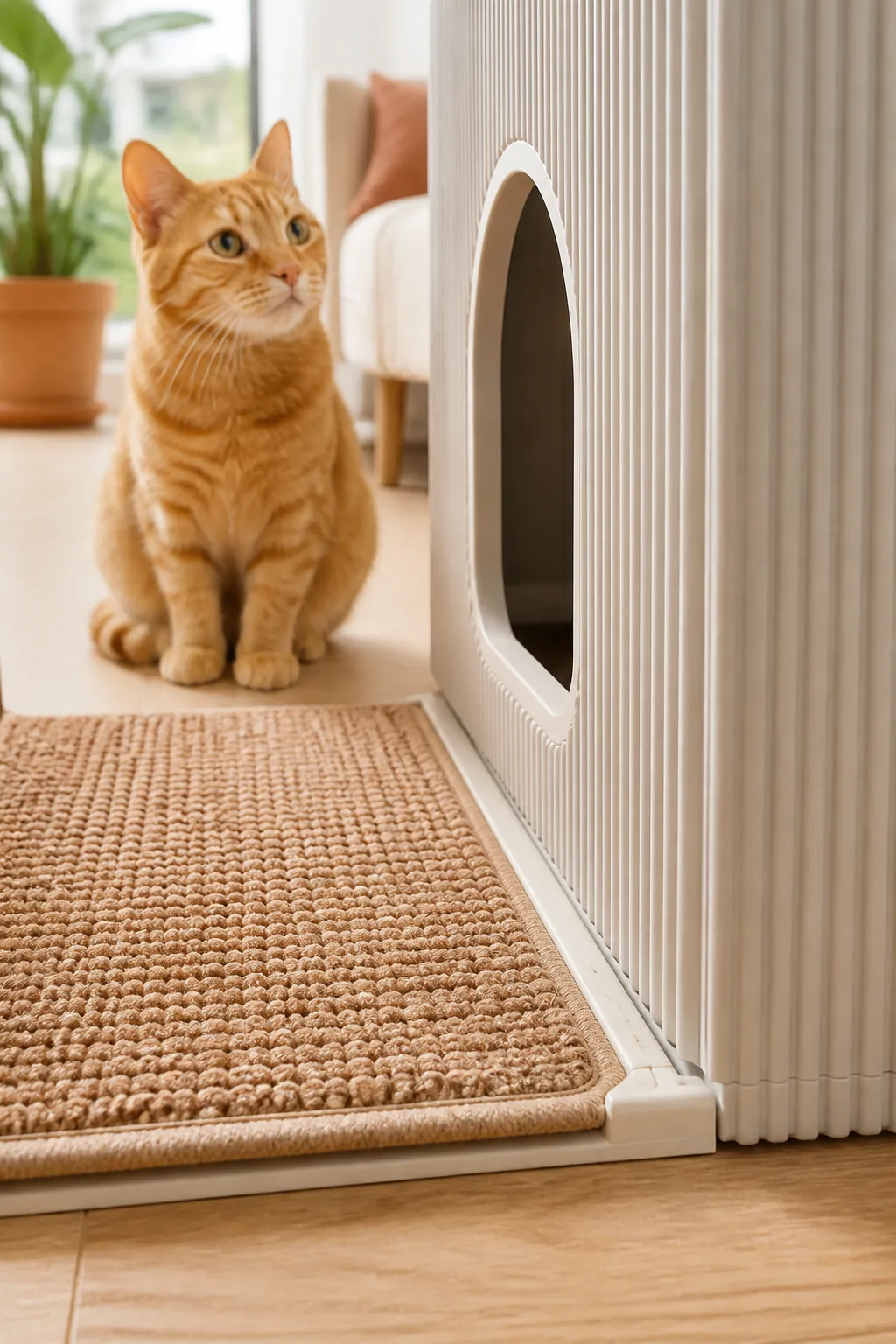 Mat pressed flush against a litter enclosure doorway, lying completely flat