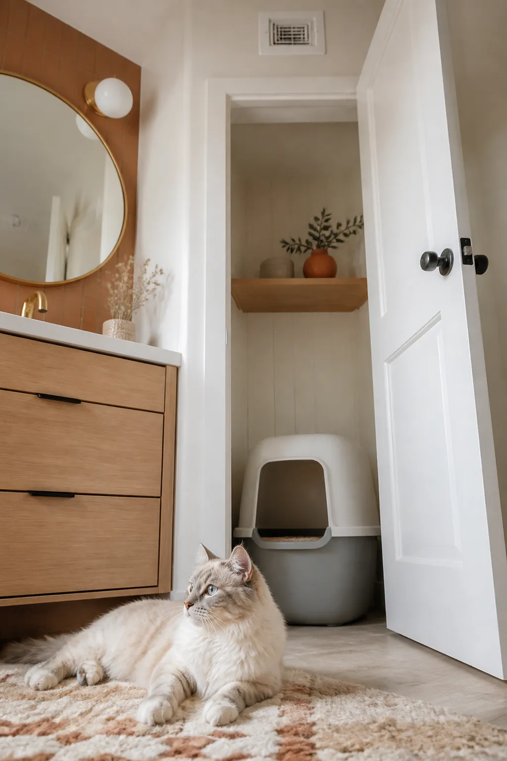 Litter station in a bathroom below an extractor vent with the door ajar