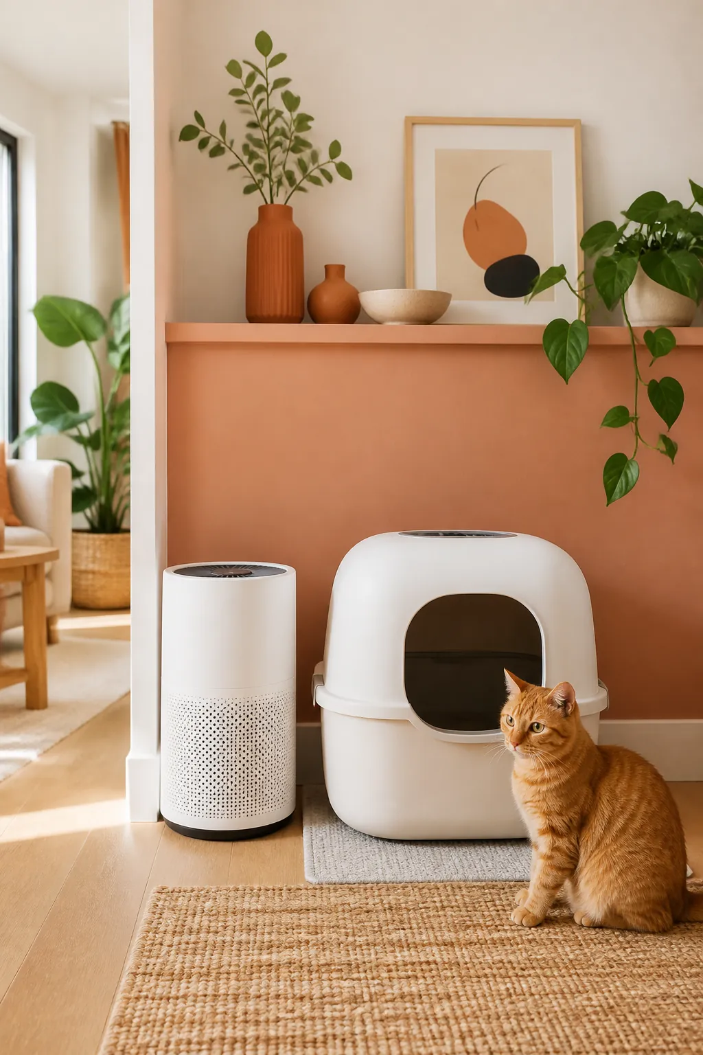 Compact white air purifier standing on the floor beside a litter enclosure