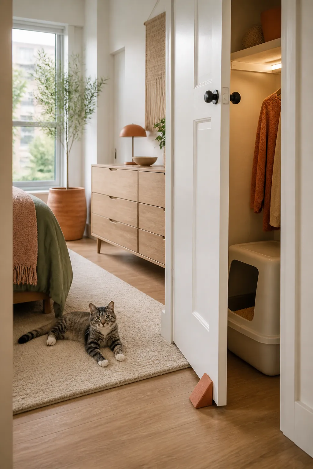 Closet door held ajar by a wedge with a litter box visible inside