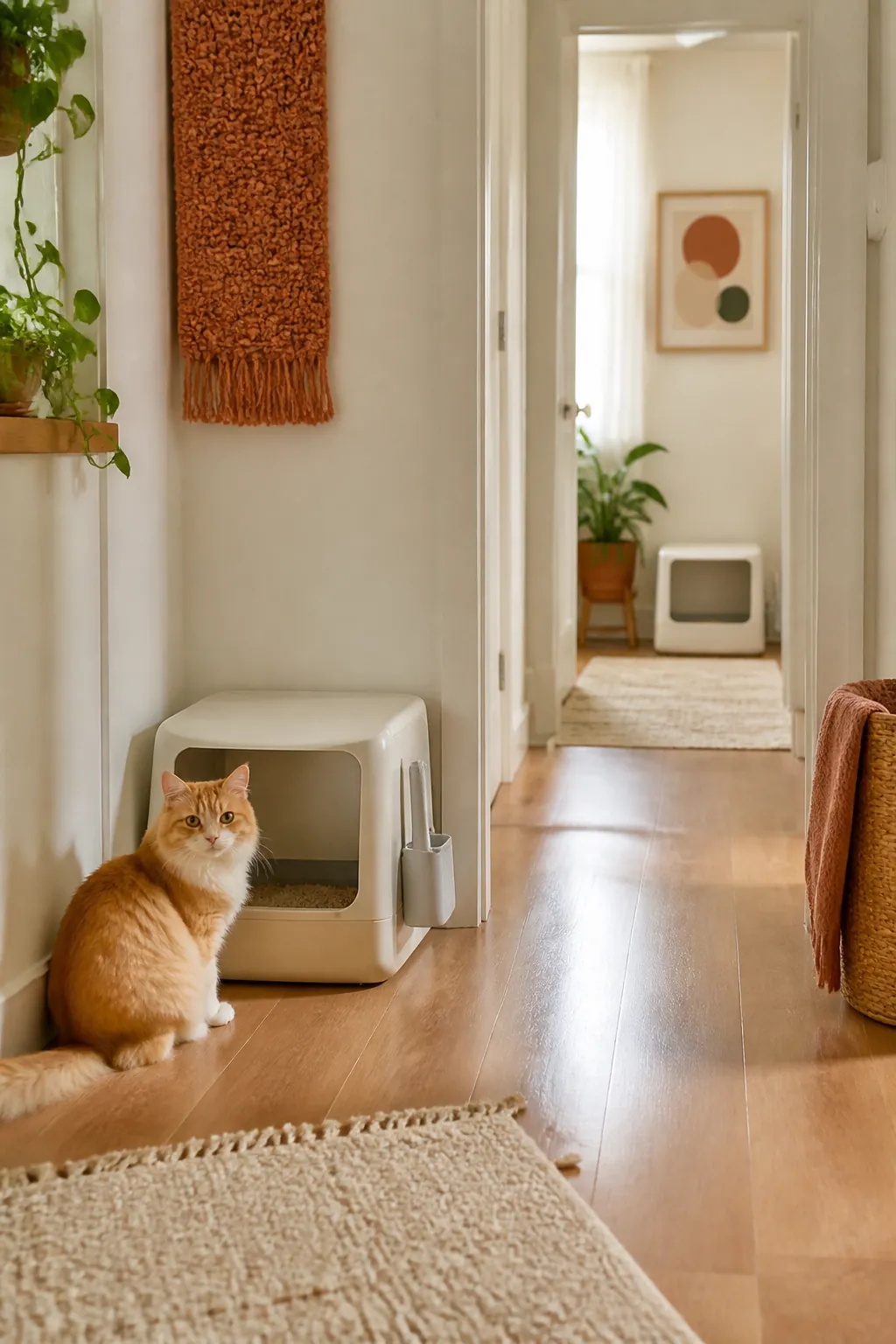 Litter box in a hallway with a second one visible in a room further down