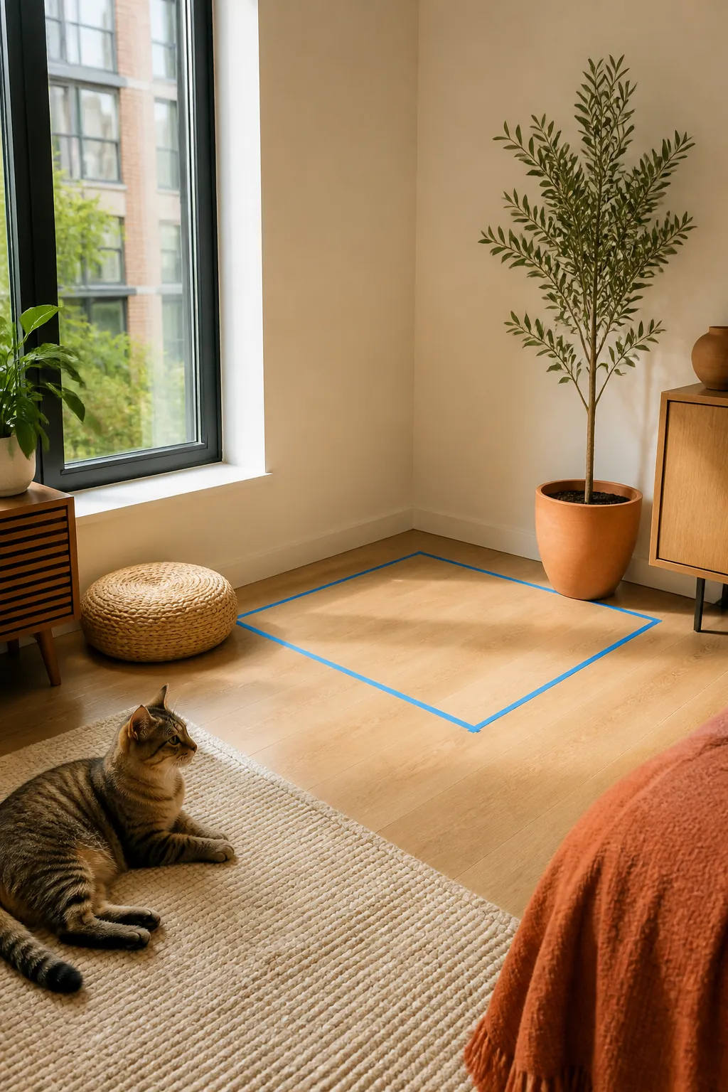 Painter's tape marking a three-foot square footprint on the floor of an empty apartment corner.