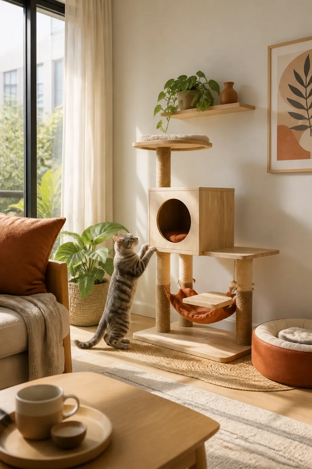 Cat play corner positioned against an interior apartment wall, away from the wall shared with a neighboring unit.