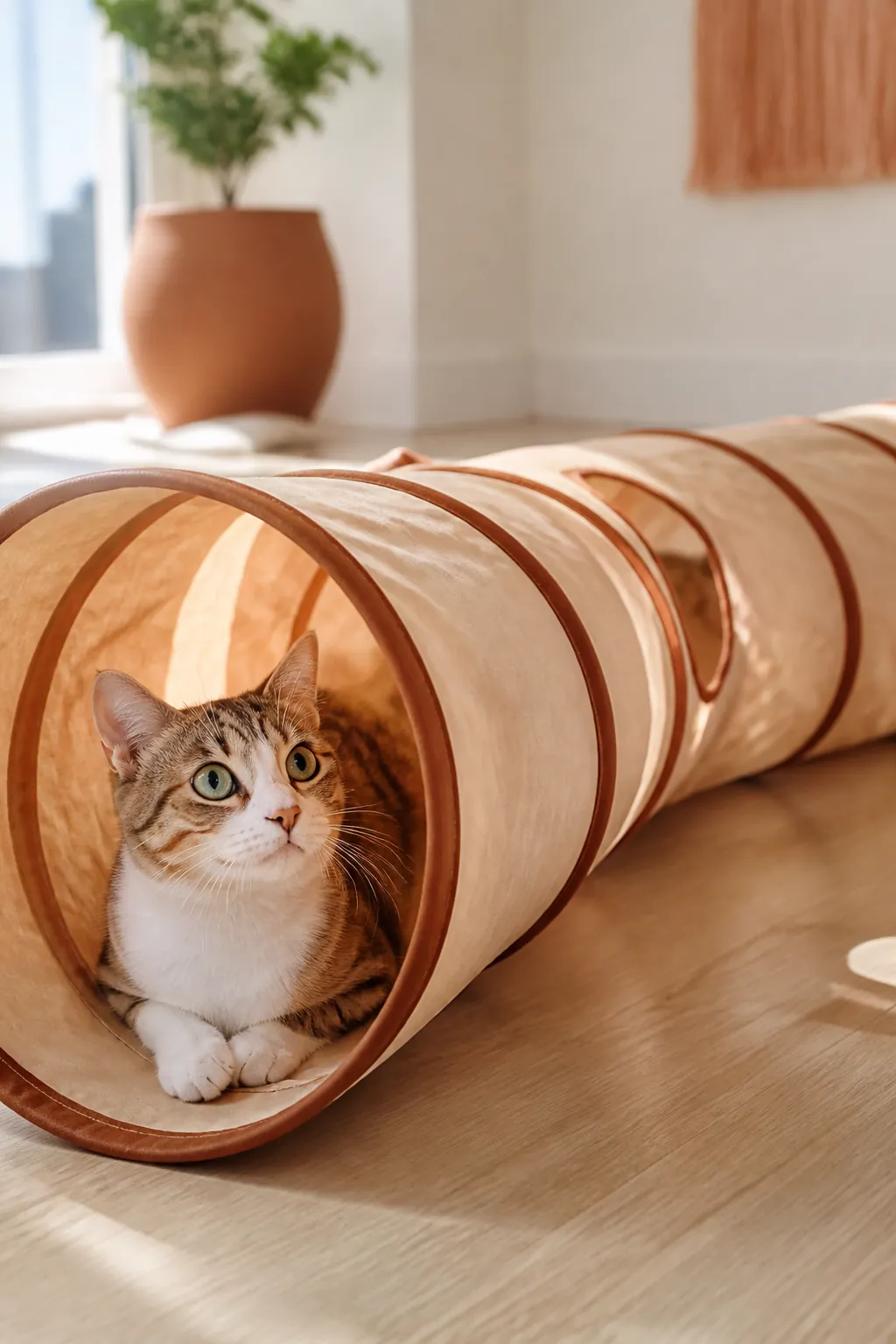 Collapsible cat tunnel laid across an apartment floor before the tree and post are positioned around it.
