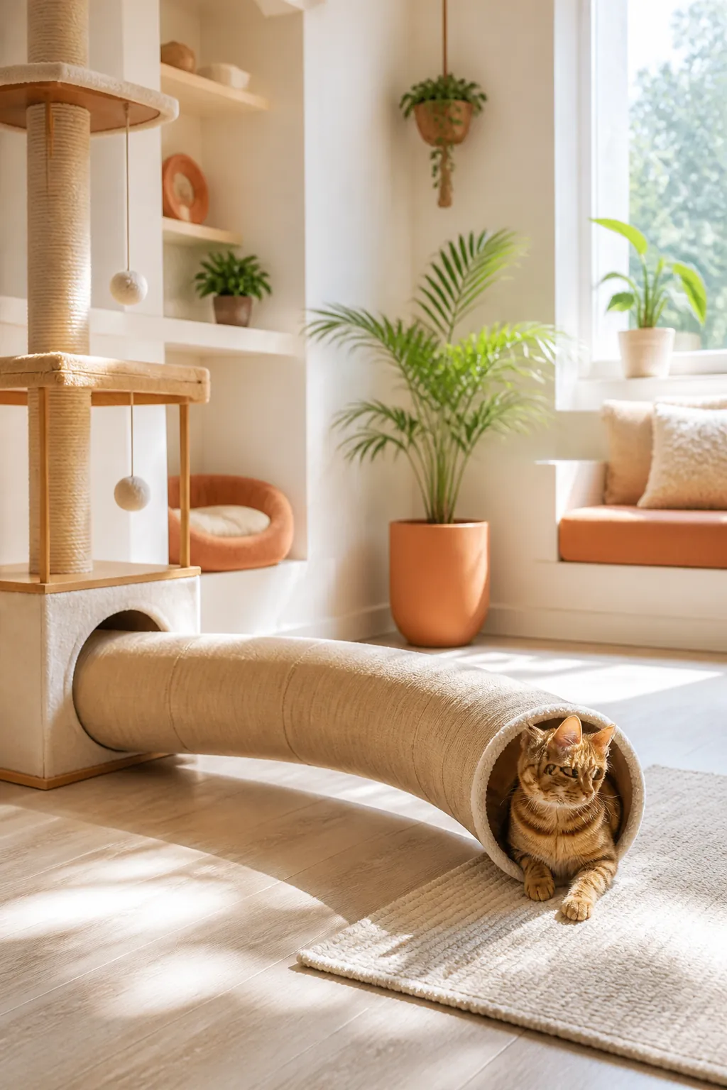 Curved cat tunnel running between the base of a cat tree and open floor at its far end.
