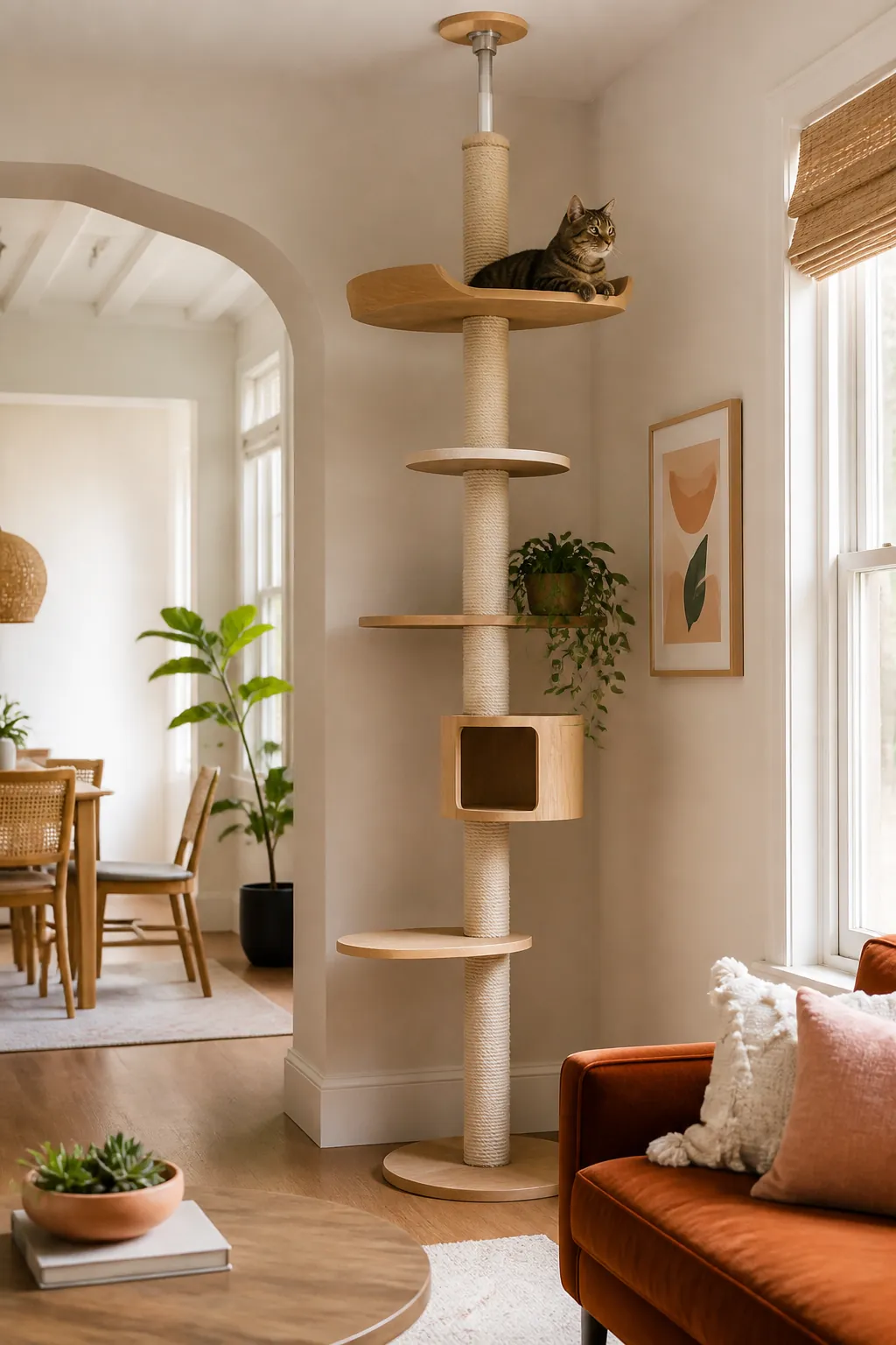 Floor-to-ceiling cat tree braced in a corner with its top platform facing out across the open room.