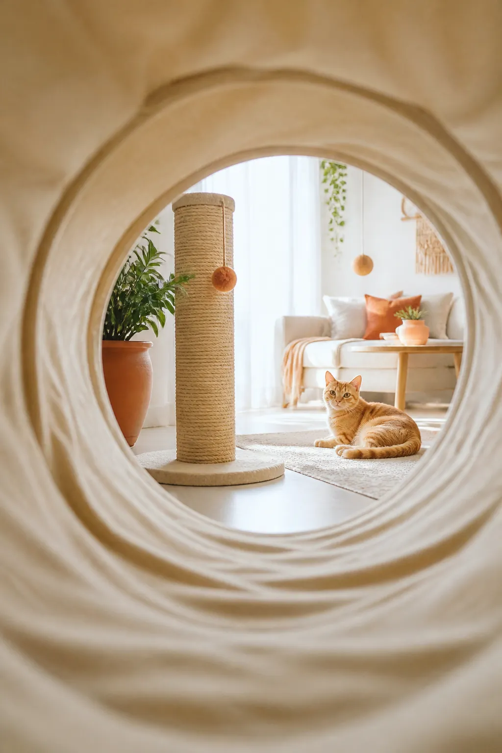 Scratching post standing at the exit end of a cat tunnel, right where it opens into the room.