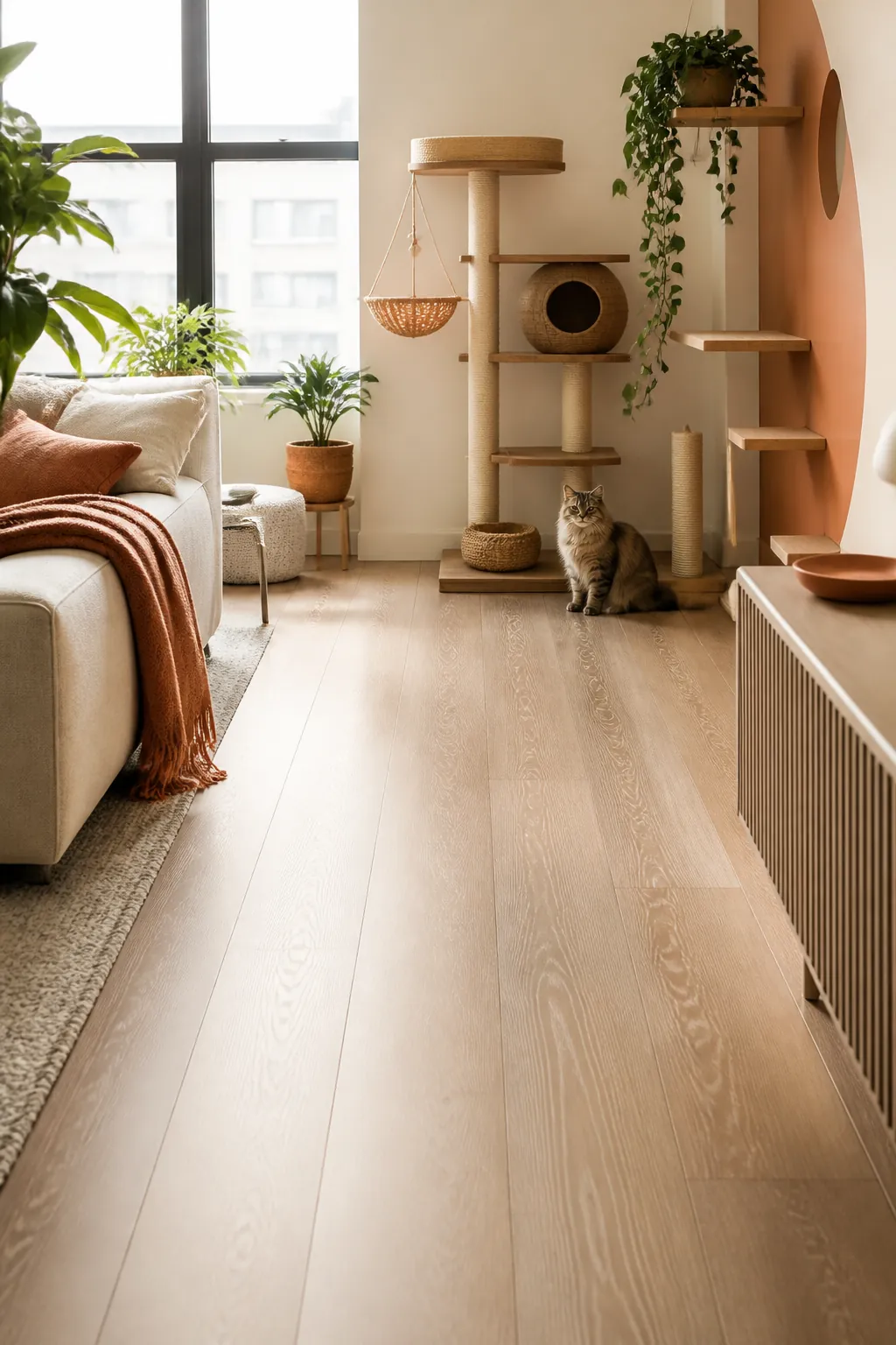 Clear floor path stretching about six feet out from a corner cat play setup toward open room.