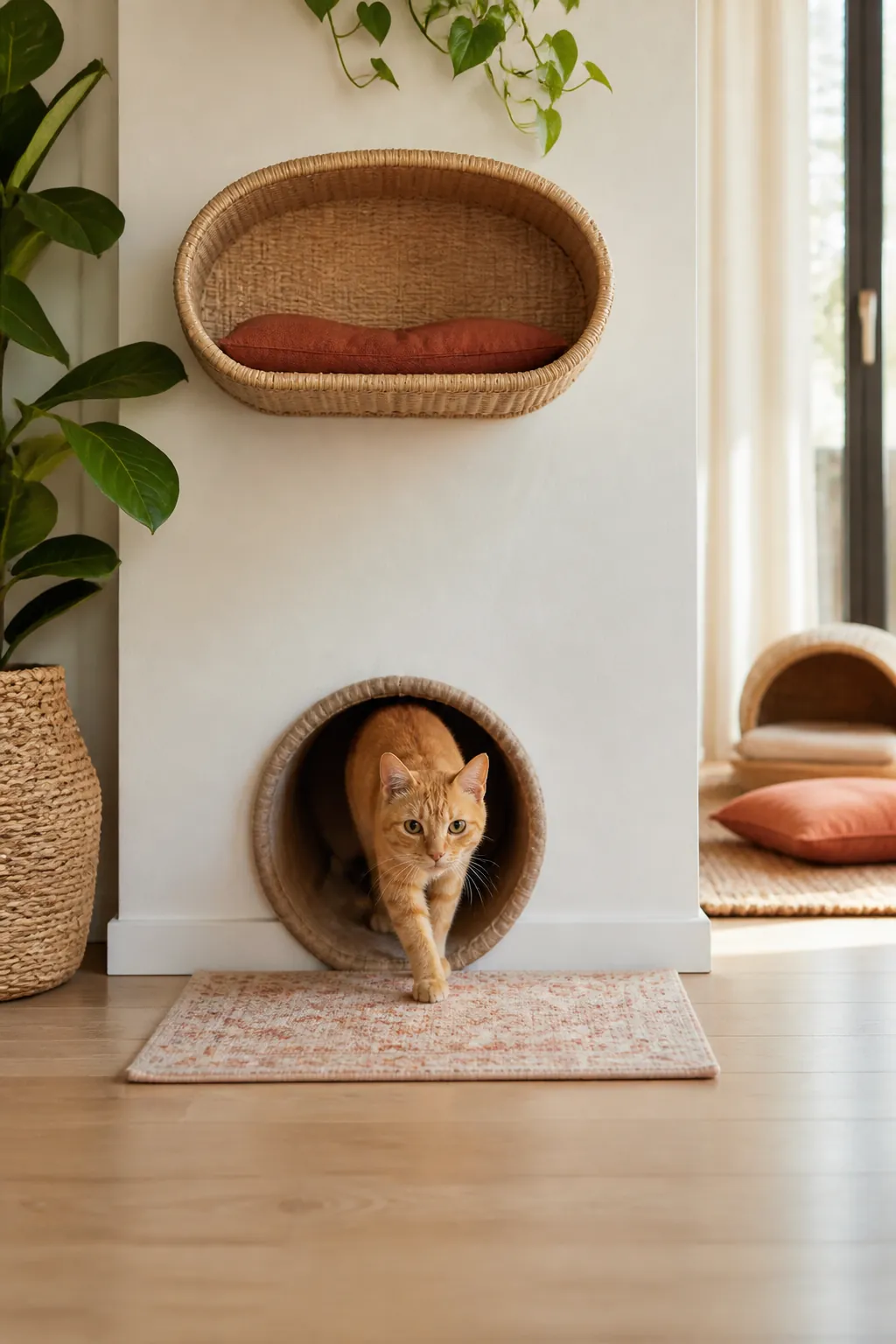 Thin rug with a non-slip pad lying flat where a cat tunnel exits onto an apartment floor.