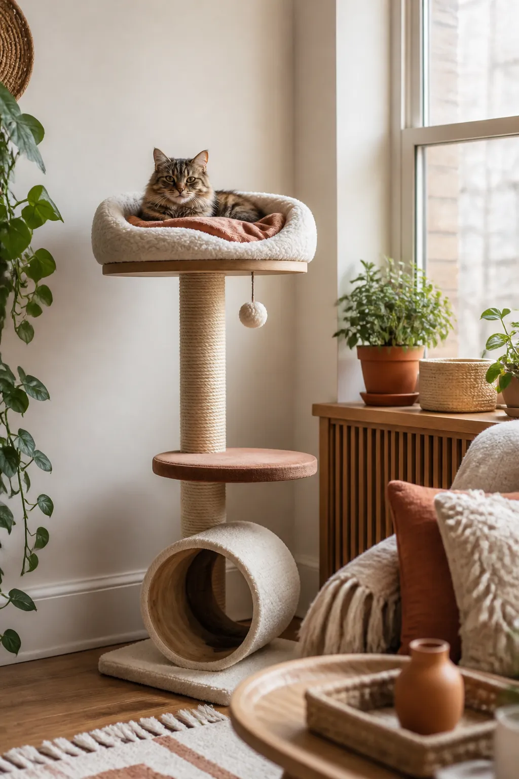 Cushioned cat bed resting on a high tree platform, well above the tunnel and post at floor level.