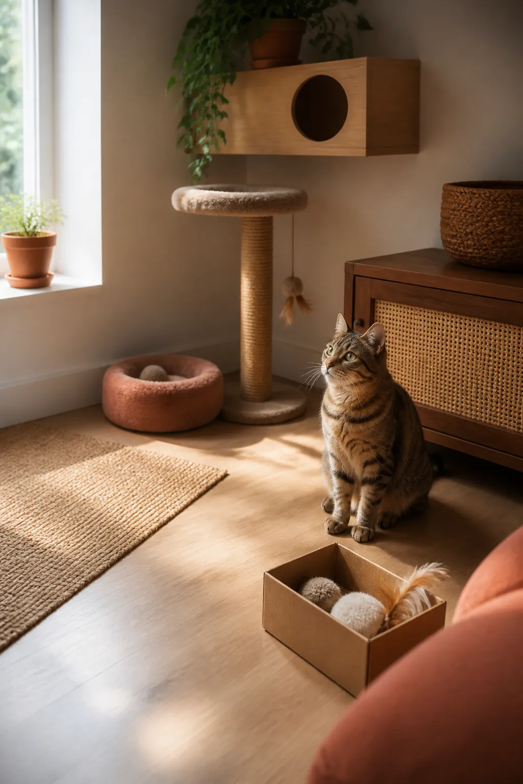 Small box holding spare cat toys sitting beside a play corner, with just a few toys left out.