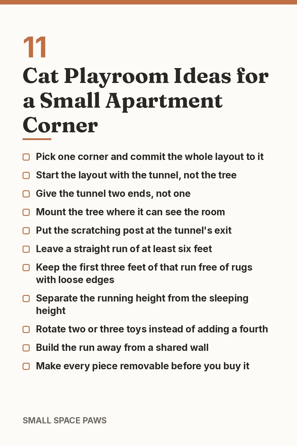 Checklist of every idea in 11 Cat Playroom Ideas for a Small Apartment Corner