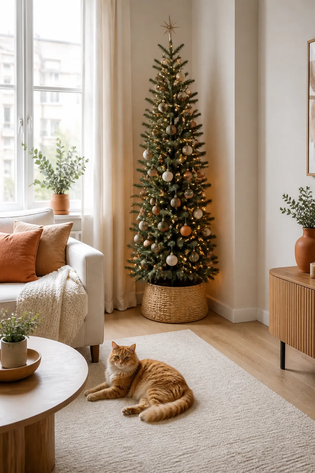 Christmas tree standing in an apartment corner with walls close on two sides