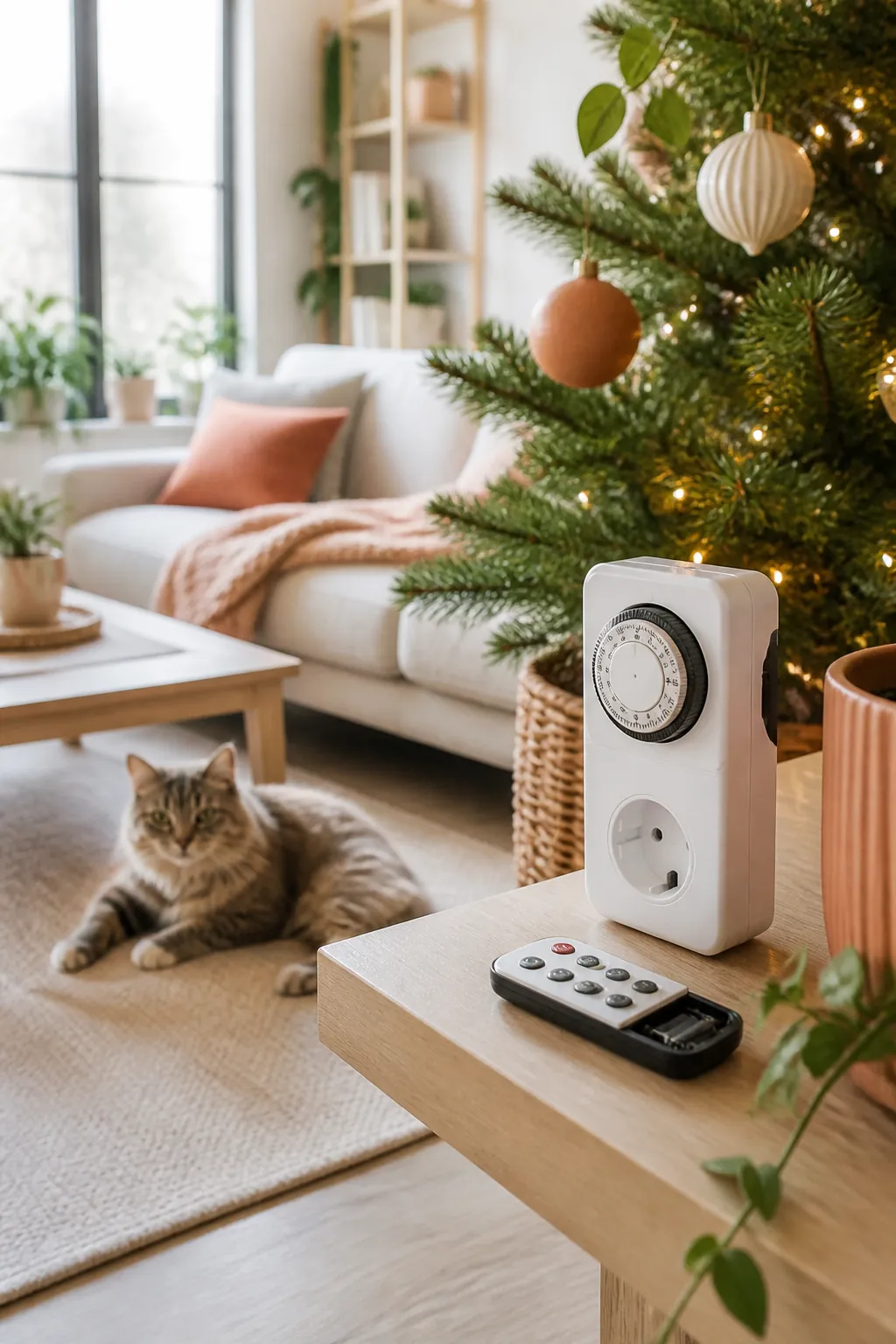 Remote control and plug-in timer resting on a shelf near a lit Christmas tree