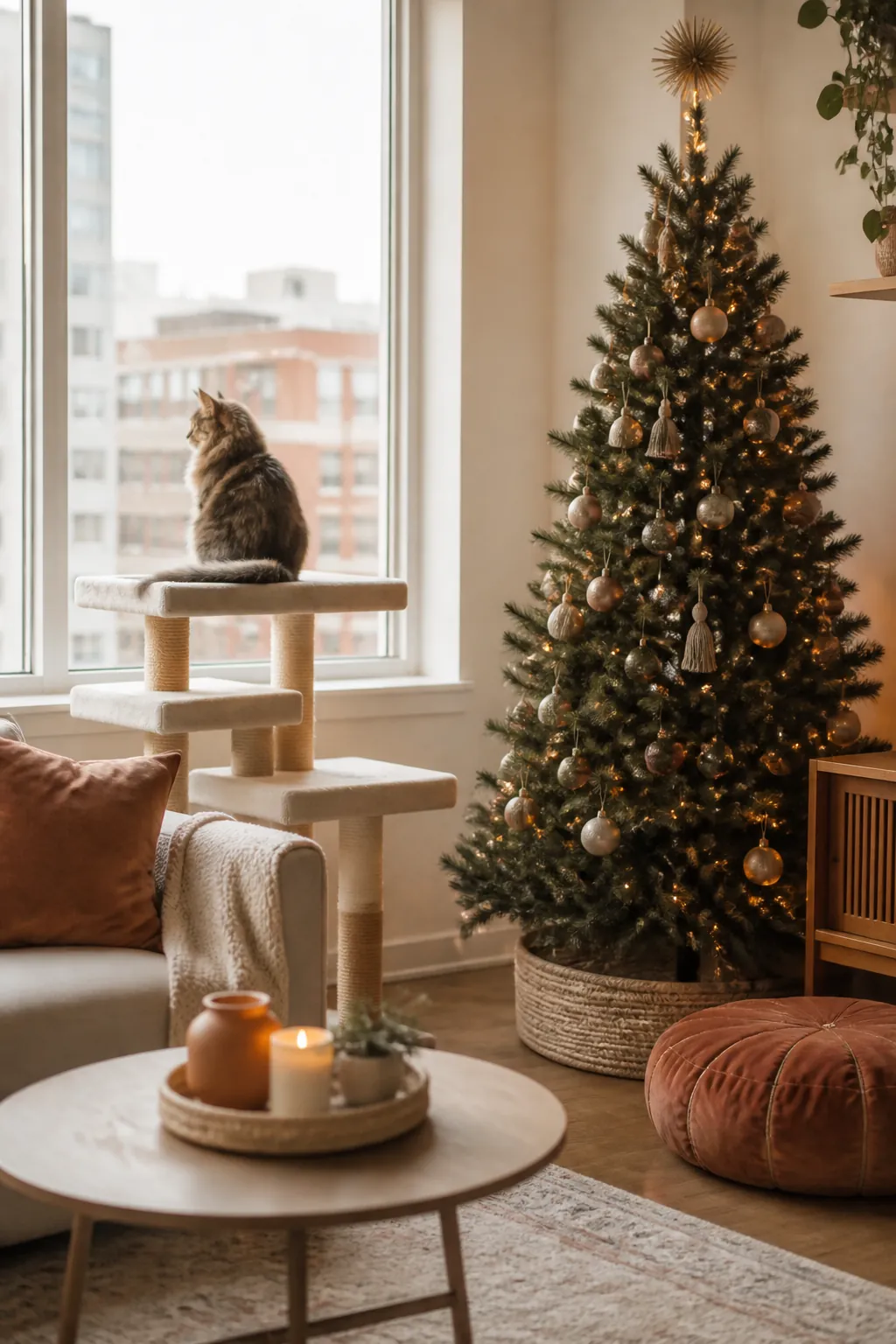 Cat sitting on a window perch a few feet away from a decorated Christmas tree