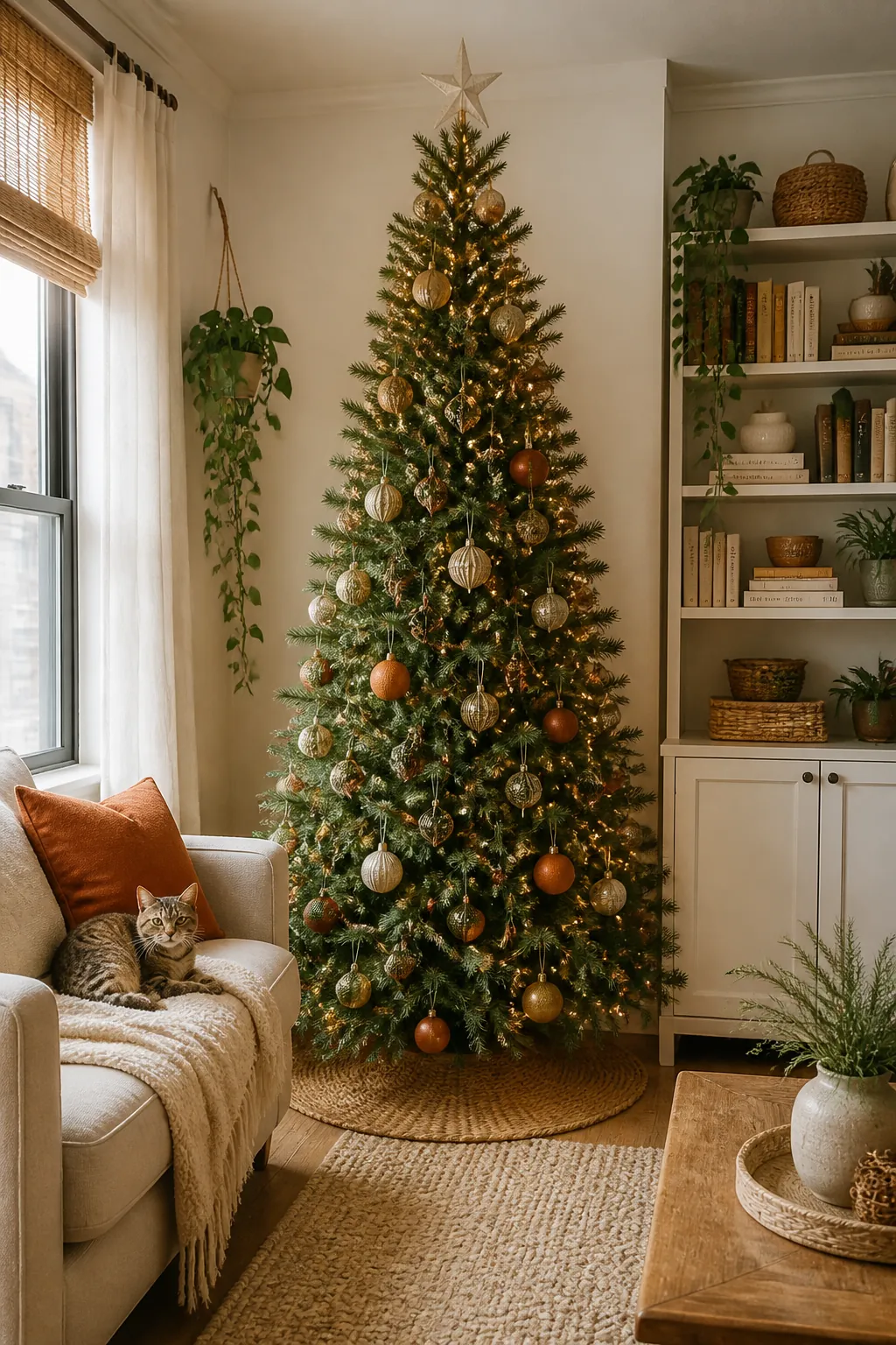 Christmas tree standing between a sofa arm and a bookshelf, its top near the ceiling