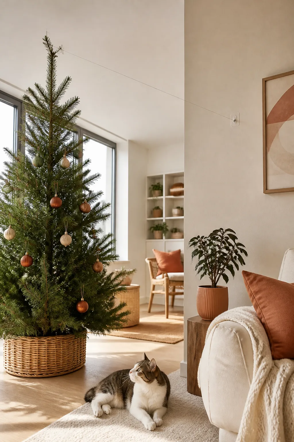 Clear fishing line running from high on a Christmas tree trunk to a wall hook