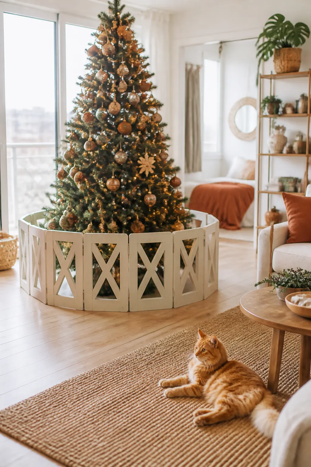 Low gate panels curved around the base of a decorated Christmas tree in a corner