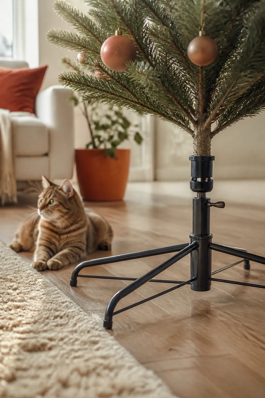 Bottom branches of a Christmas tree left bare near the floor, ornaments starting higher up