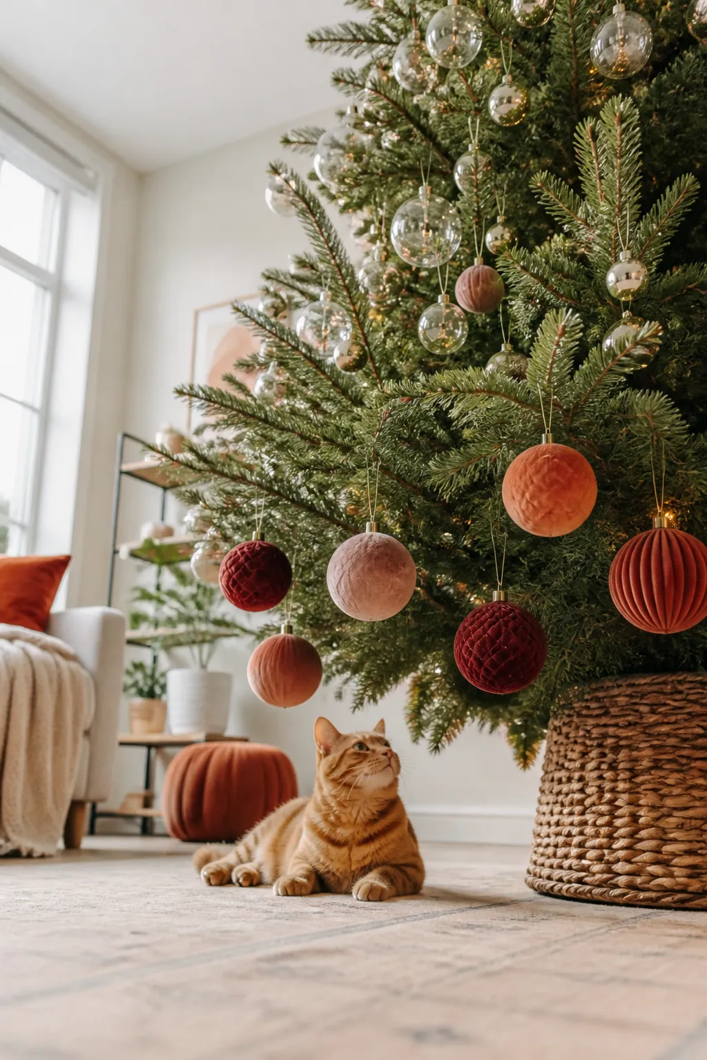 Velvet ornaments clustered on lower tree branches, glass ornaments visible higher up near the top