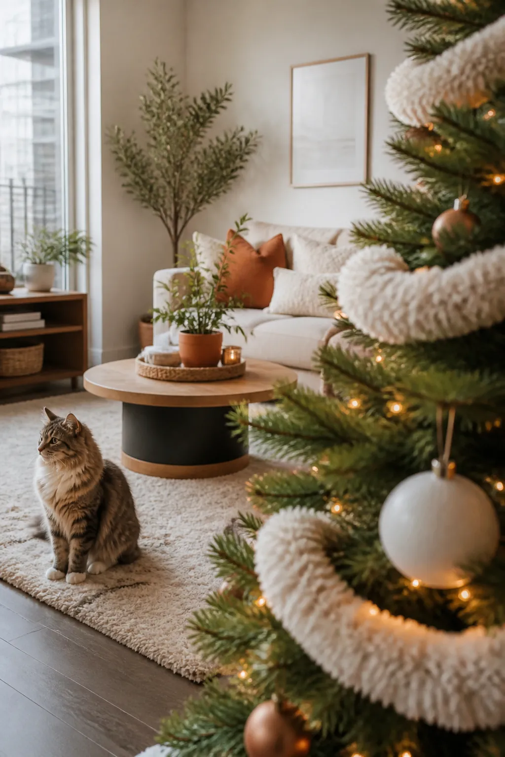 Thick chenille garland wrapped around a Christmas tree branch in place of thin tinsel