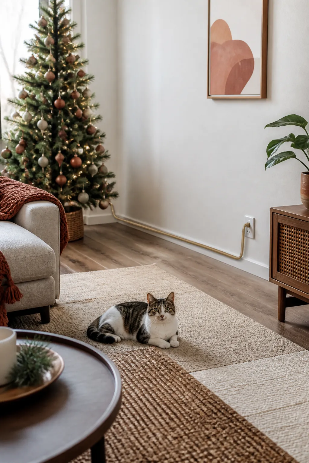 Light cord running from a Christmas tree along a baseboard inside a protective sleeve