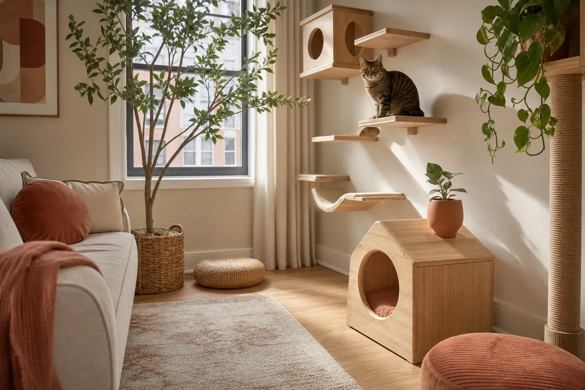 A woven rattan cat cave on a wooden floor beside a plant, in a room of warm neutrals.