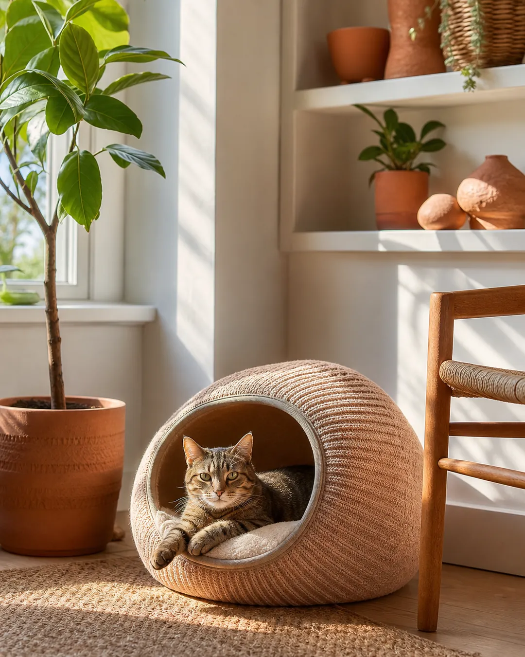 Single cat bed in a sunlit corner with no other beds elsewhere in the room