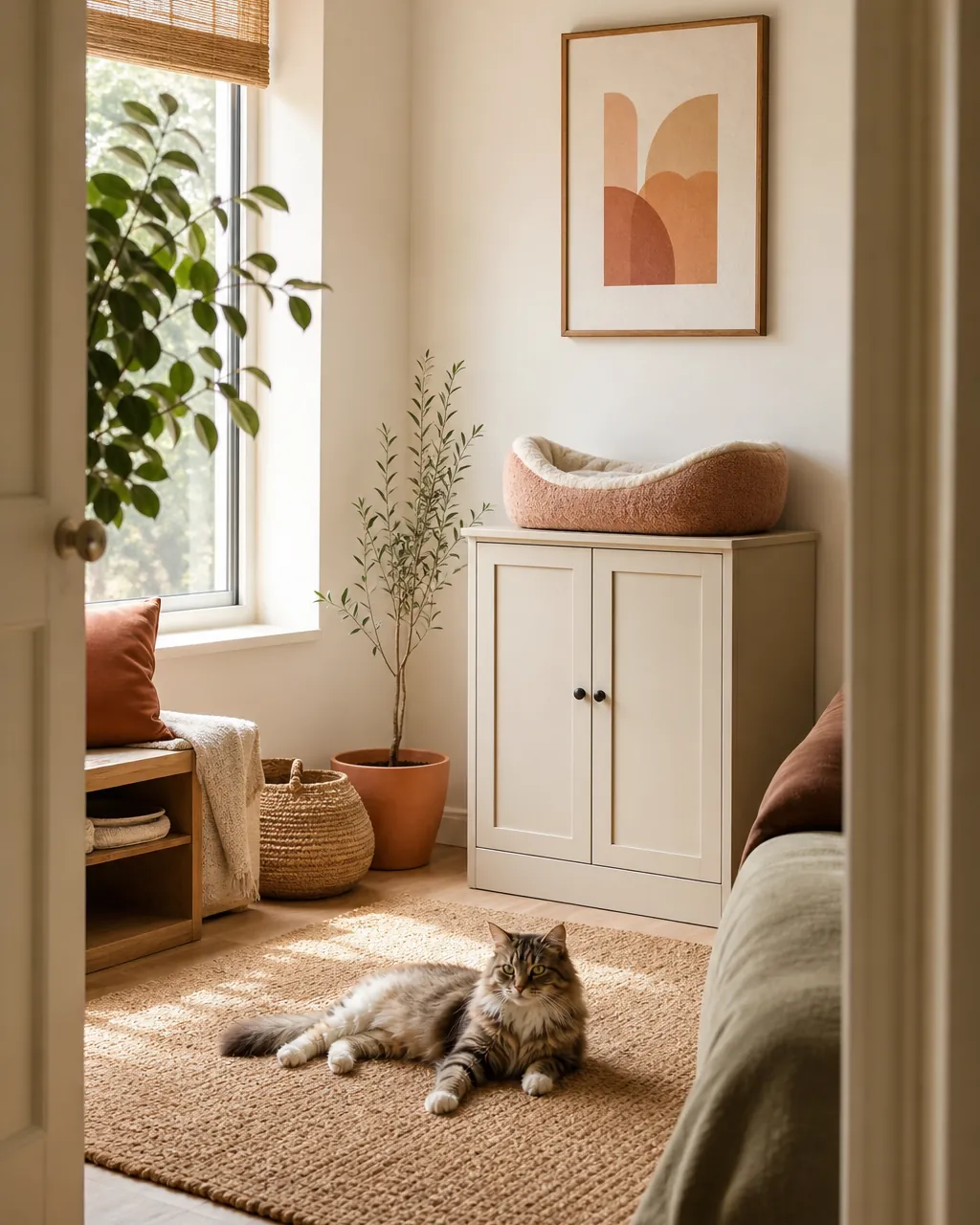 Closed cabinet with a cushioned cat bed on top and no pet gear in sight