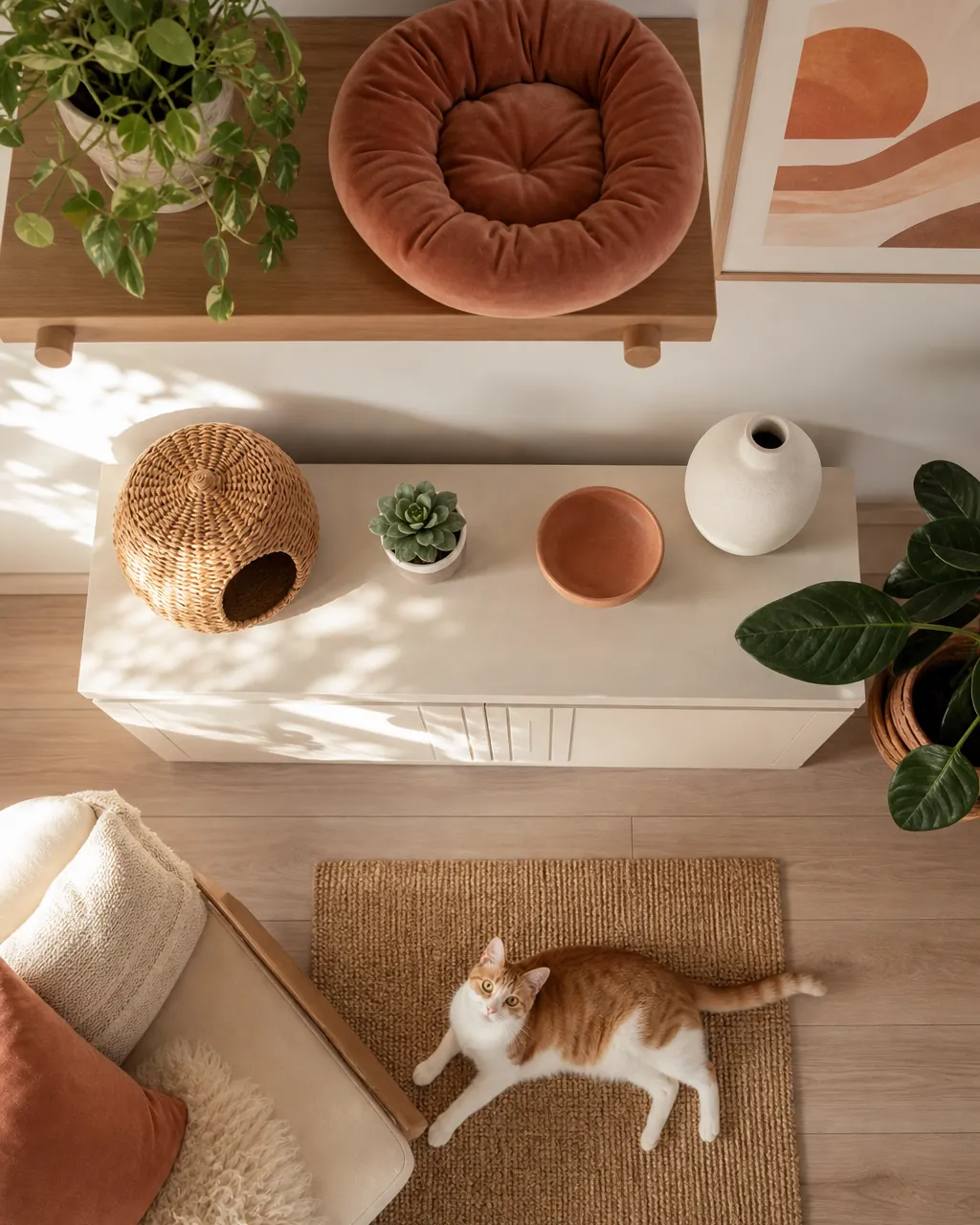 Wall shelf holding a plant and a cat cushion together above a sideboard