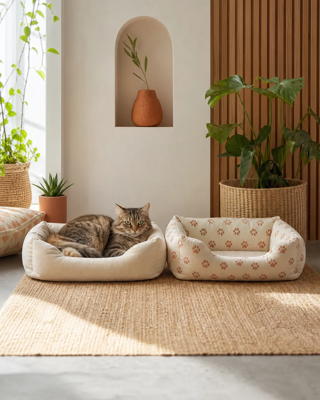 Plain neutral cat bed beside one printed with paw shapes for comparison