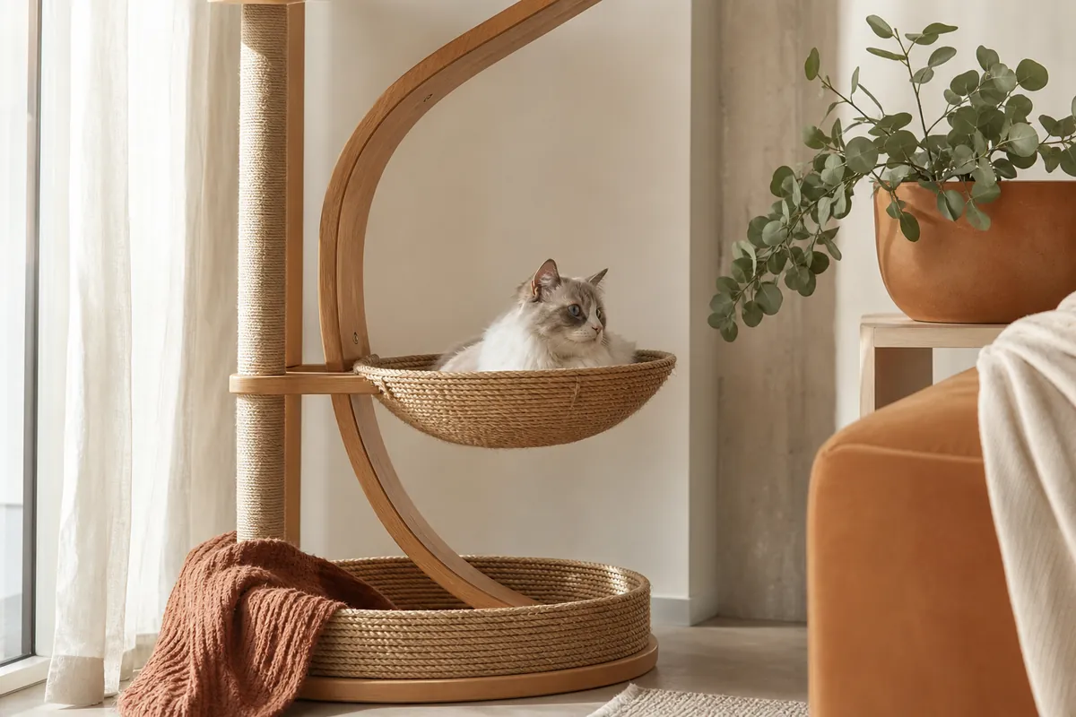 A close-up of a wooden side table that doubles as a cat house, styled with a lamp and a book on top.