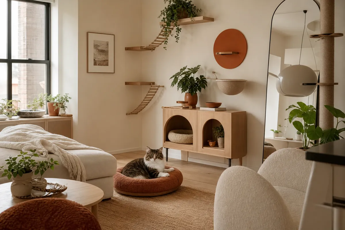A wider view of a calm, lived-in room where the cat furniture blends with the rest of the decor.