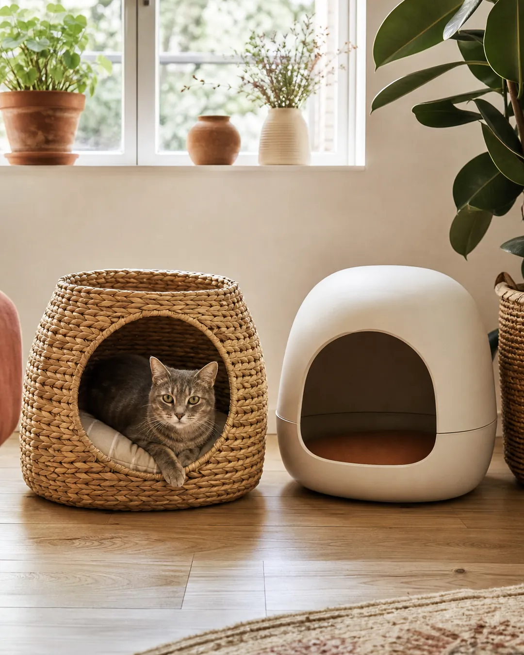 Woven seagrass cat basket beside a molded plastic one on a wooden floor