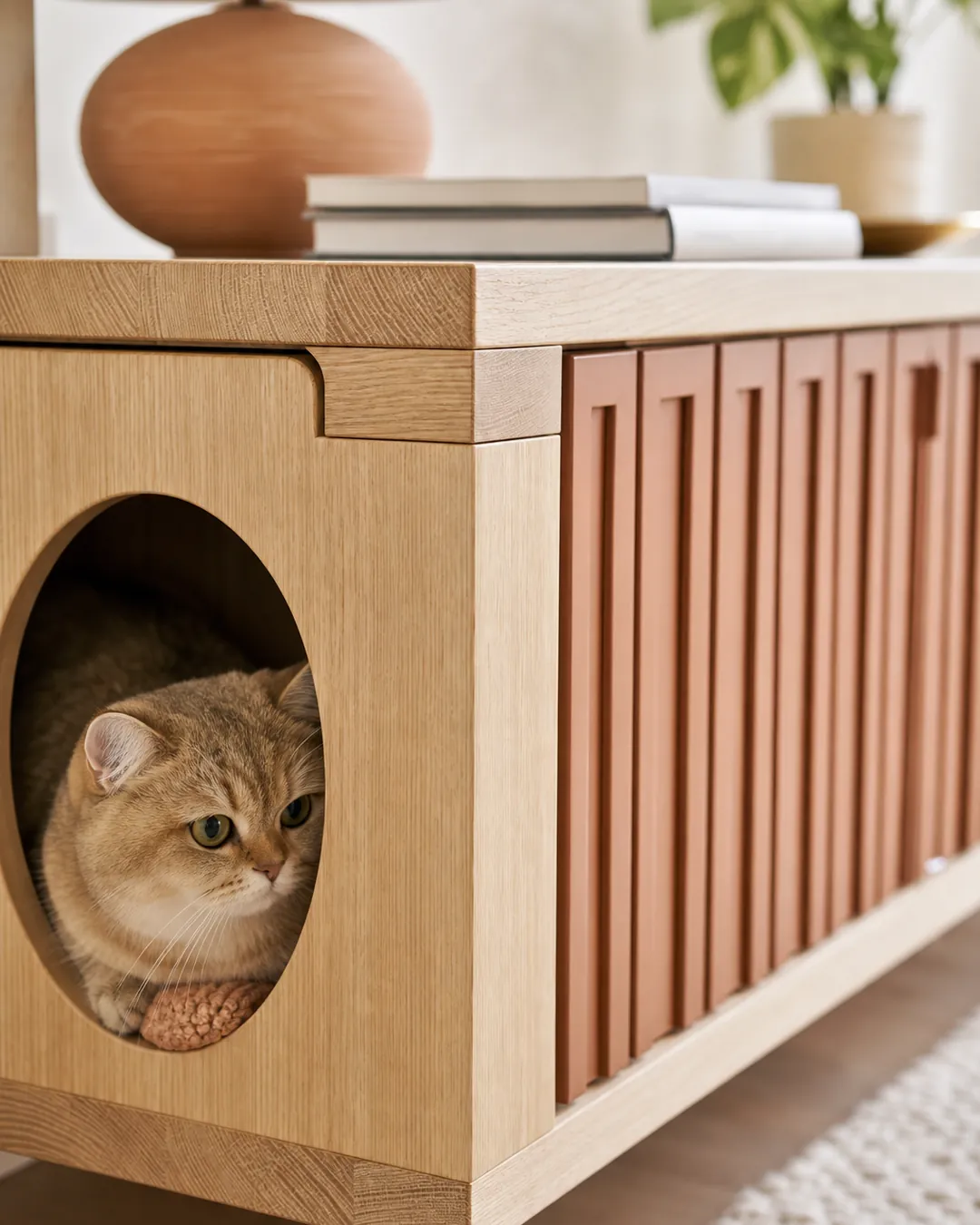 Sideboard with a cat-sized opening in one end, books and a lamp on top