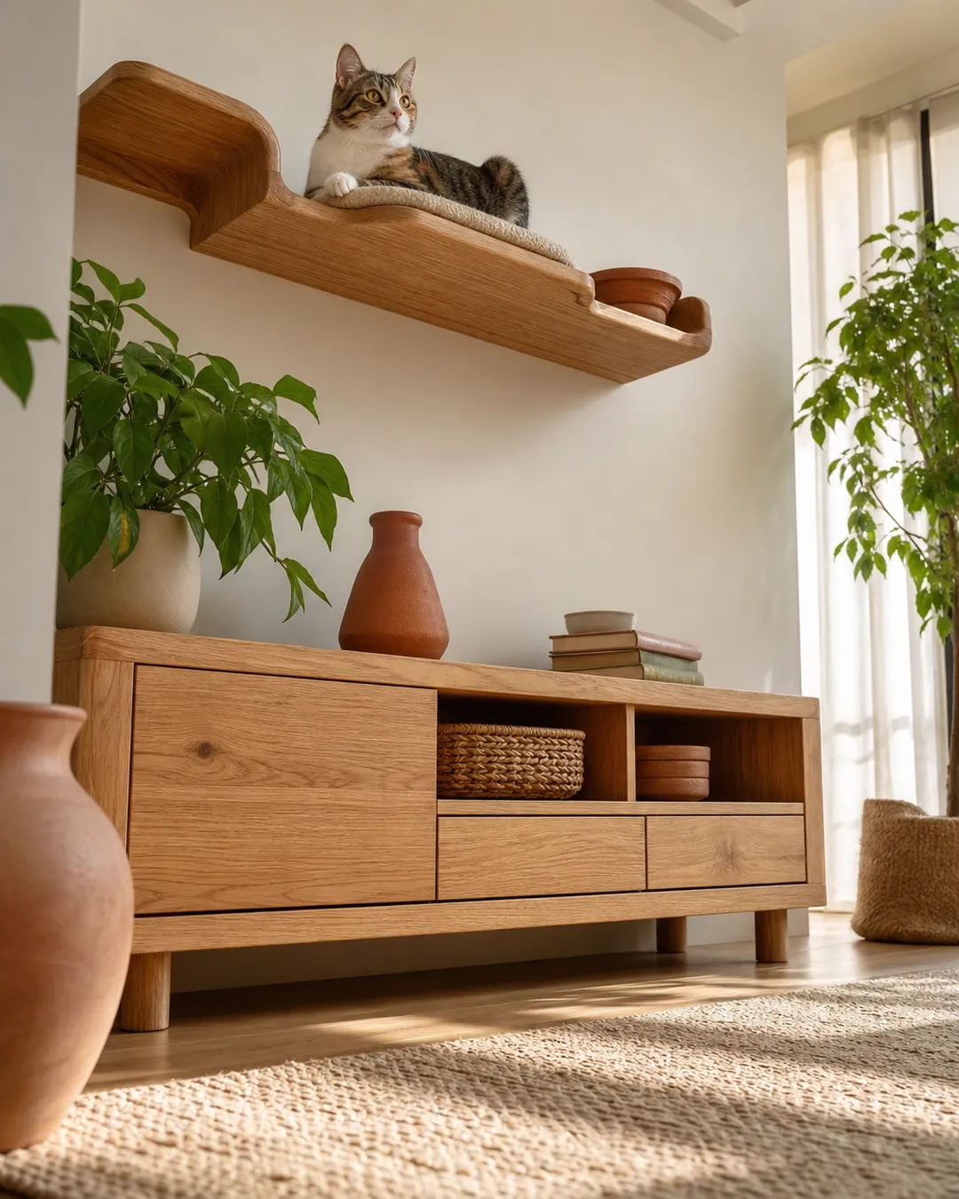 Oak cat shelf mounted above an oak console table in the same shade