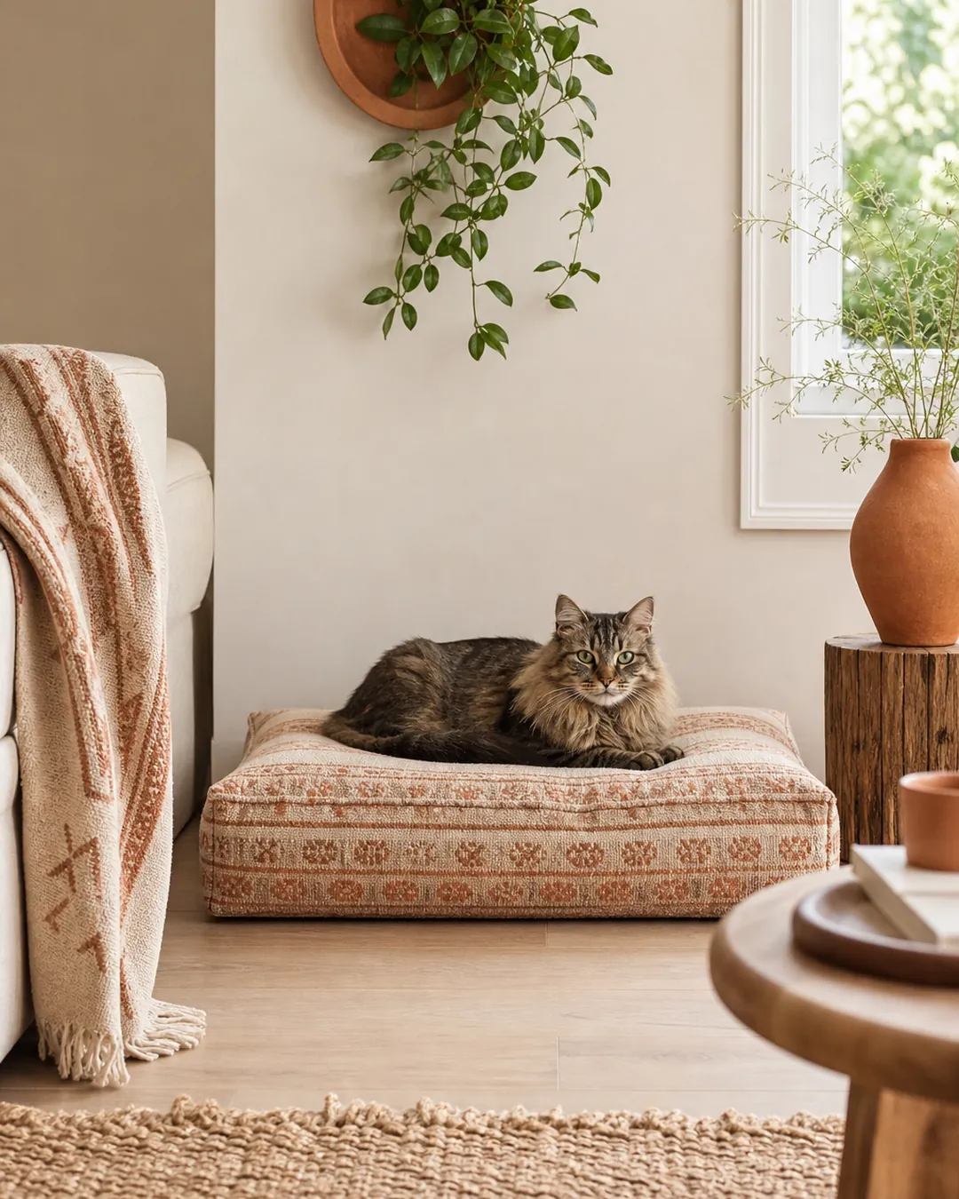 Cat bed cushion in the same fabric as the sofa throw lying beside it