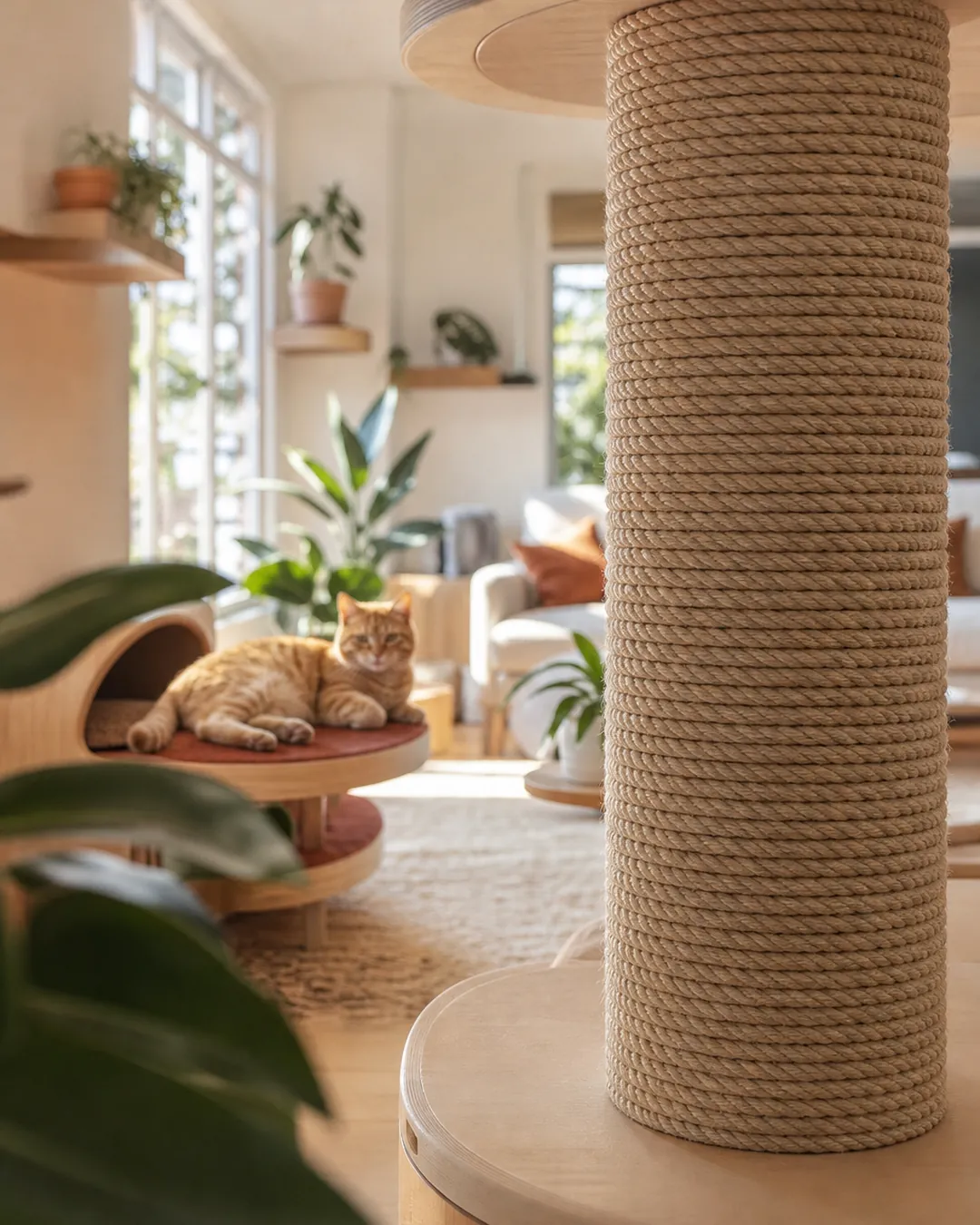 Close view of a sisal-wrapped scratching post showing rope texture and binding