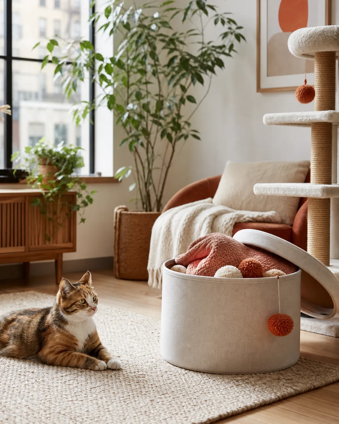 Lidded fabric bin beside a cat tree holding toys and a folded blanket