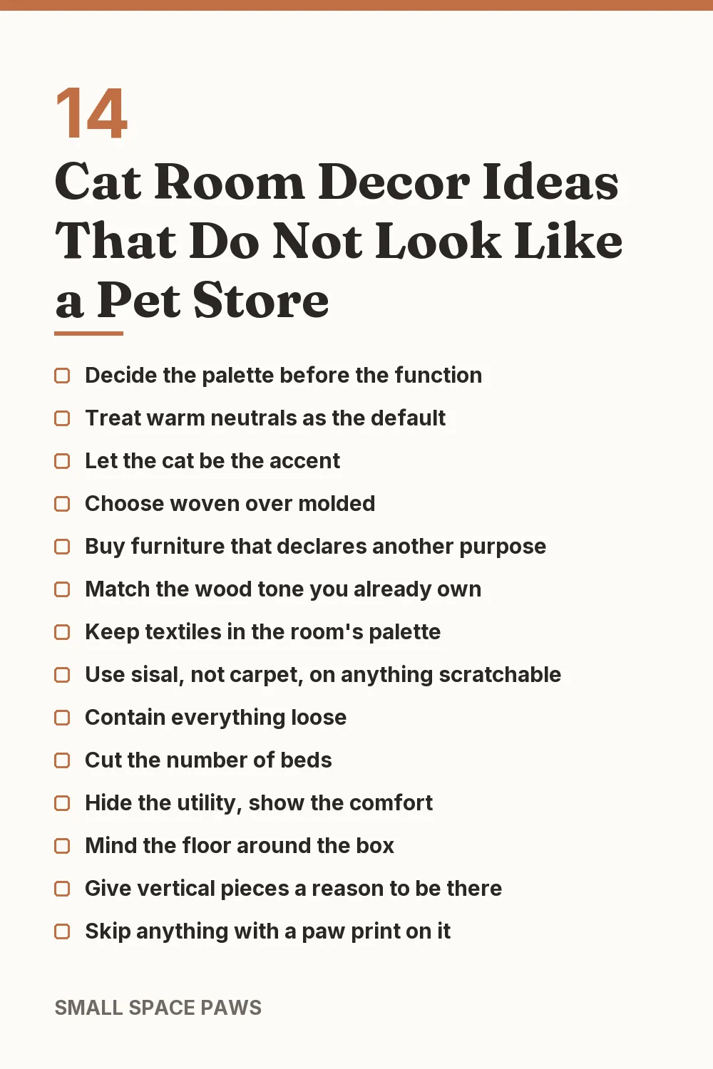 Checklist of every idea in 14 Cat Room Decor Ideas That Do Not Look Like a Pet Store