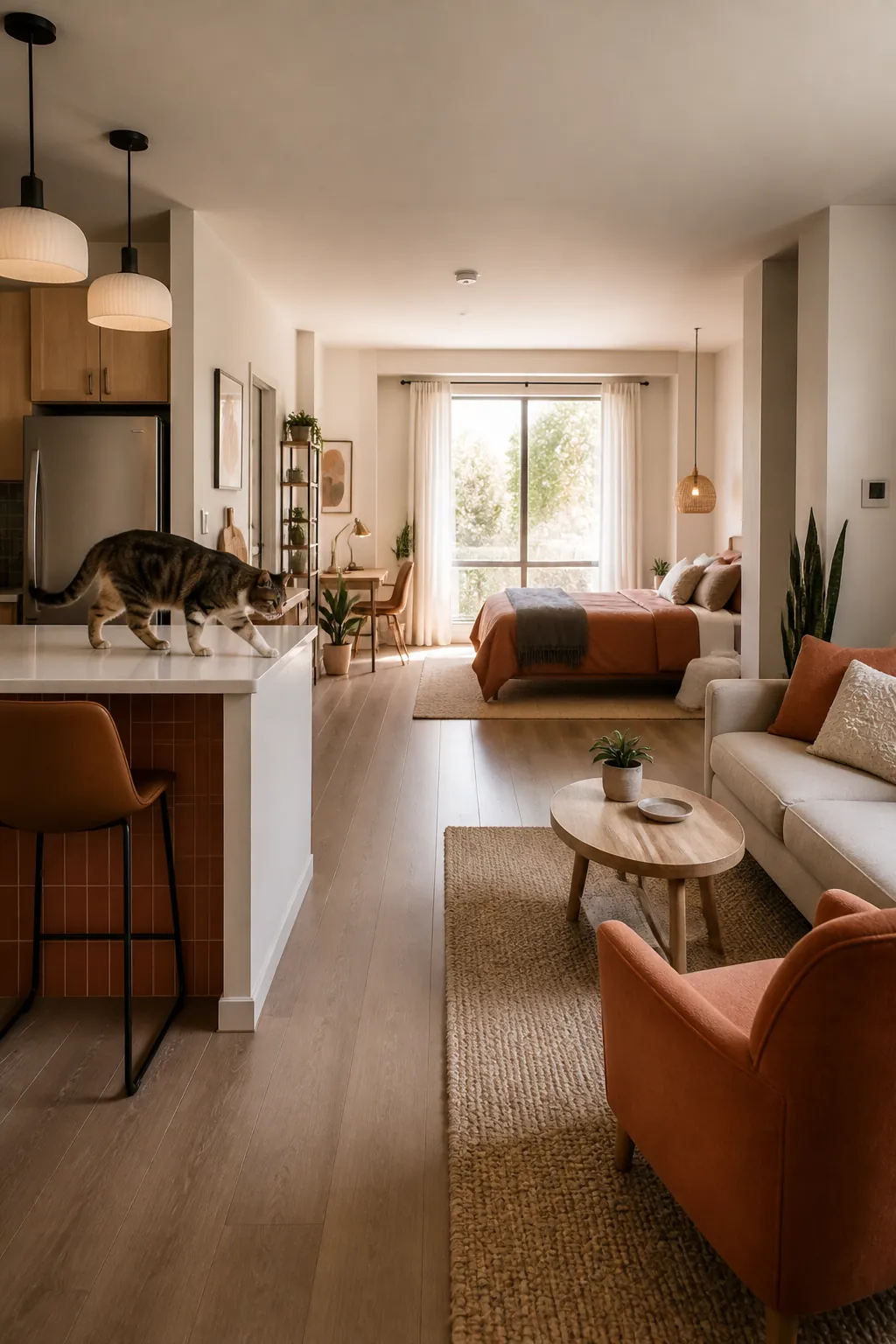 Open studio apartment floor plan showing a cat's path crossing from the kitchen toward the main room.