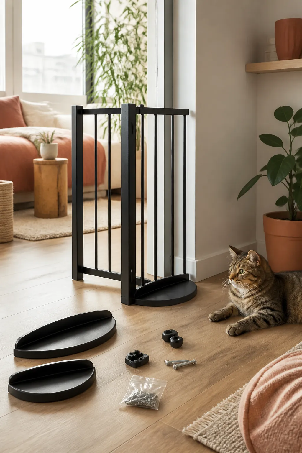 Pet gate hardware and feet laid out on an apartment floor beside a small labeled bag of screws.