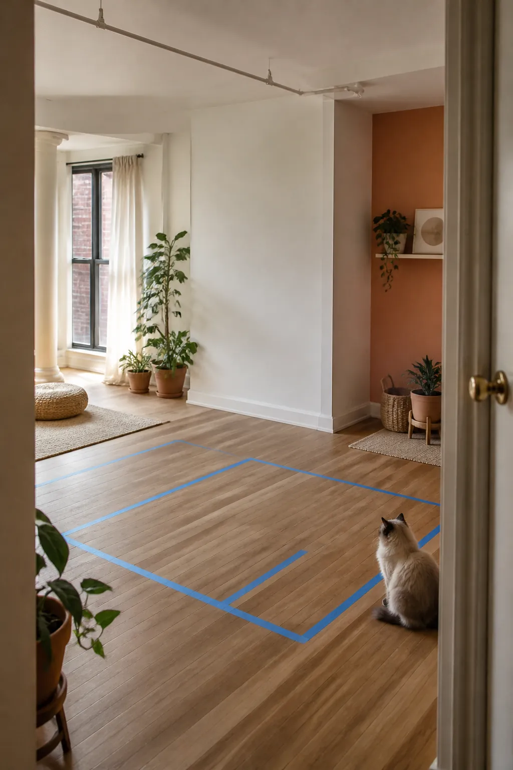 Painter's tape marking the outline of a planned room divider's footprint on an apartment floor.