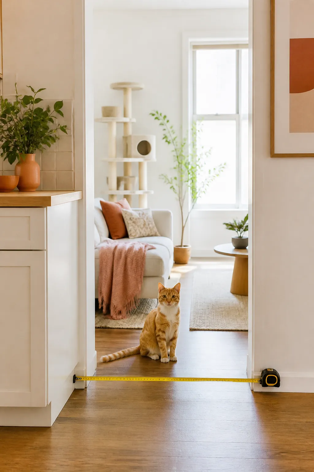 Tape measure stretched wall to wall across an open studio apartment doorway, measuring at floor level.