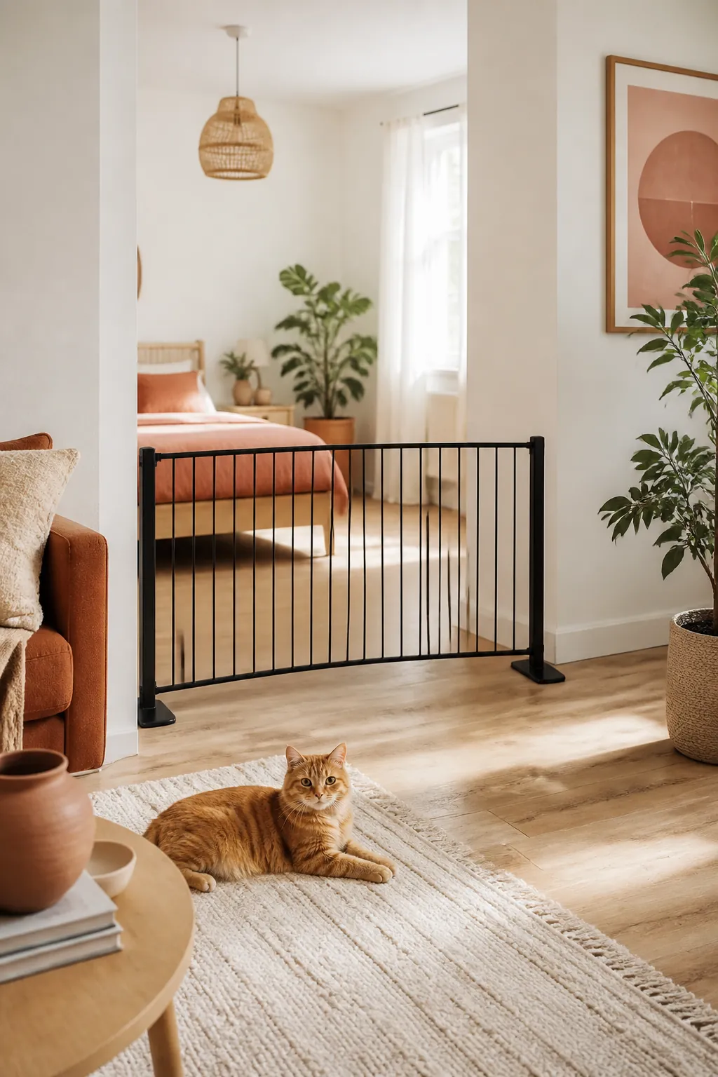 Freestanding pet gate standing on its own feet, bent across an open studio apartment doorway.