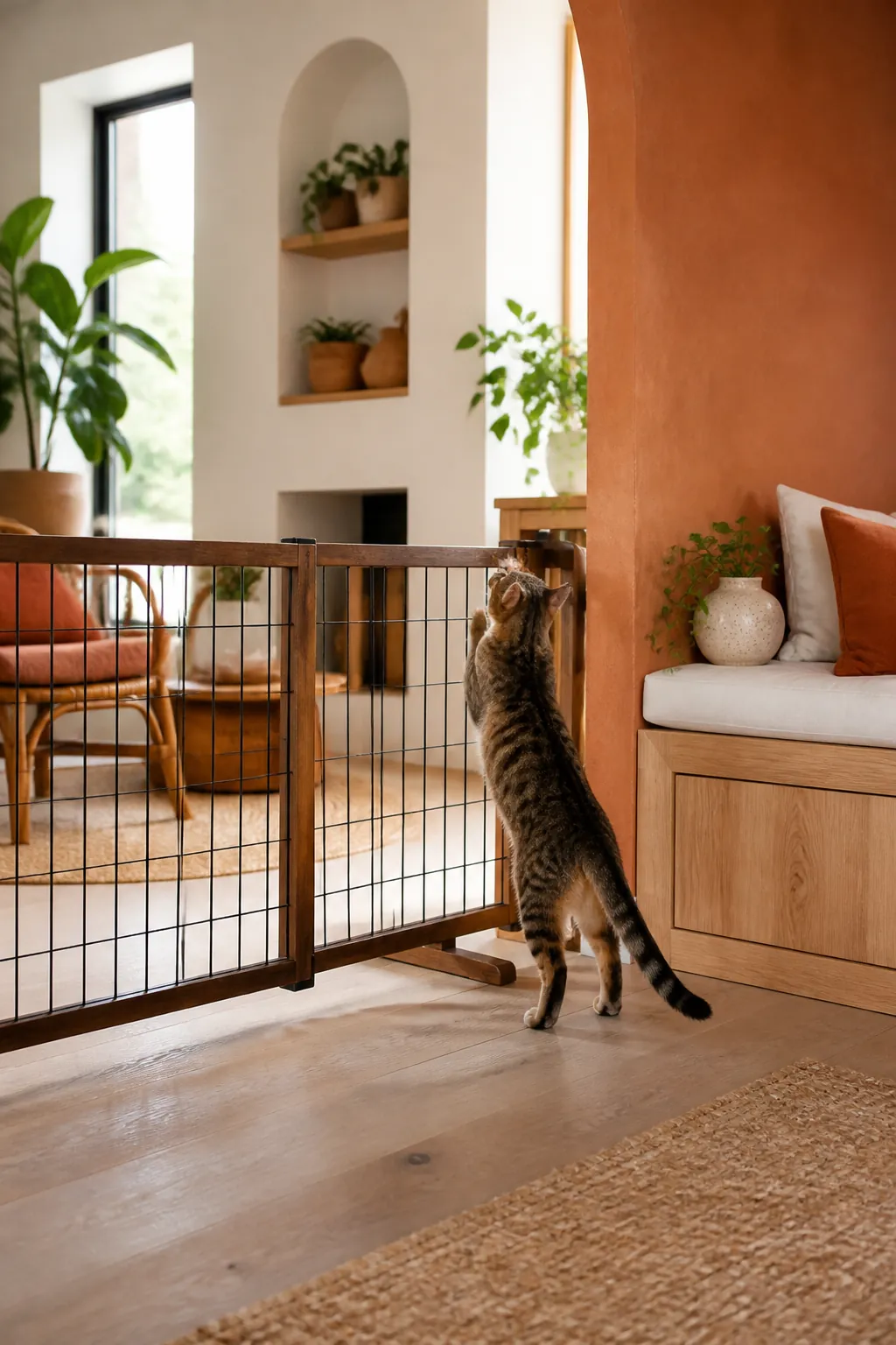 Cat standing beside a freestanding pet gate, looking up at the top rail as if about to jump.