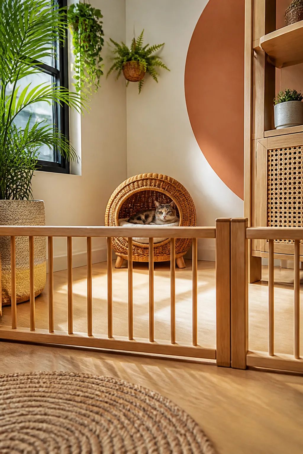 Rattan cat bed placed against the far wall of a small space sectioned off behind a pet gate.