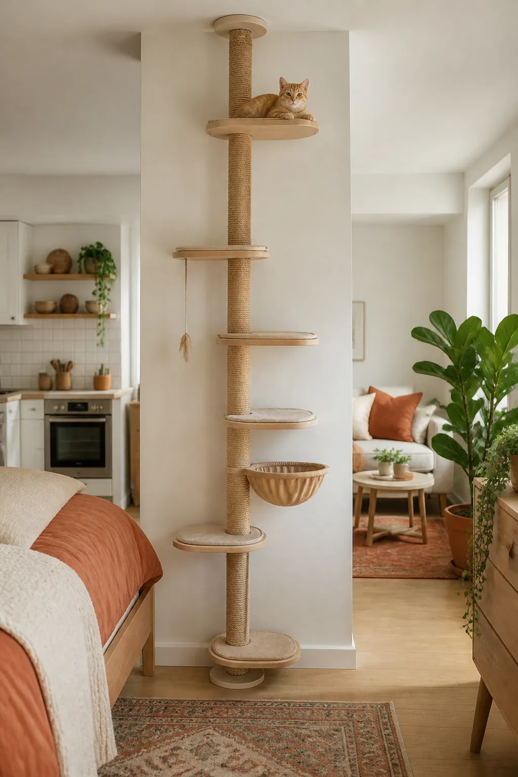 Floor-to-ceiling cat tree braced at the edge of a sectioned-off zone, platforms rising toward the ceiling.
